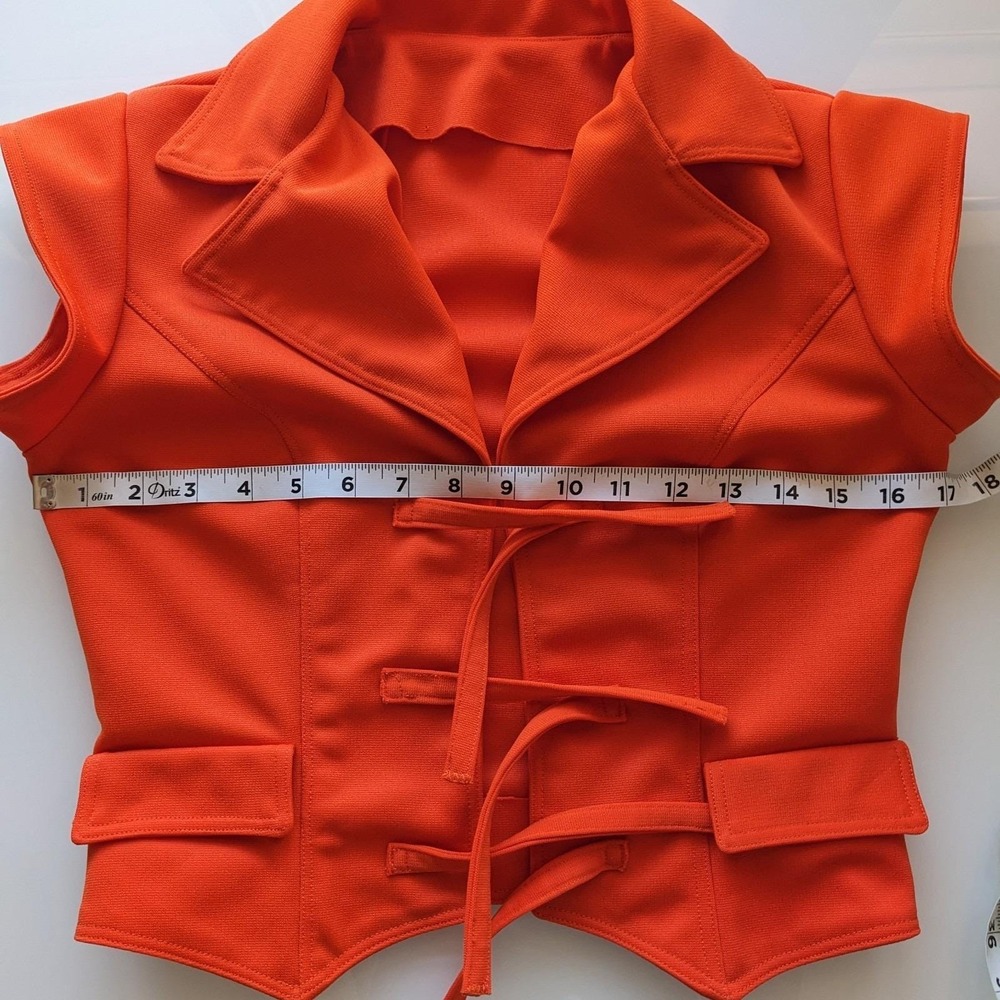 Vintage 70s Mod Cropped Top Vest XS/S Orange Tie Front Waistcoat Space Age - Picture 13 of 14
